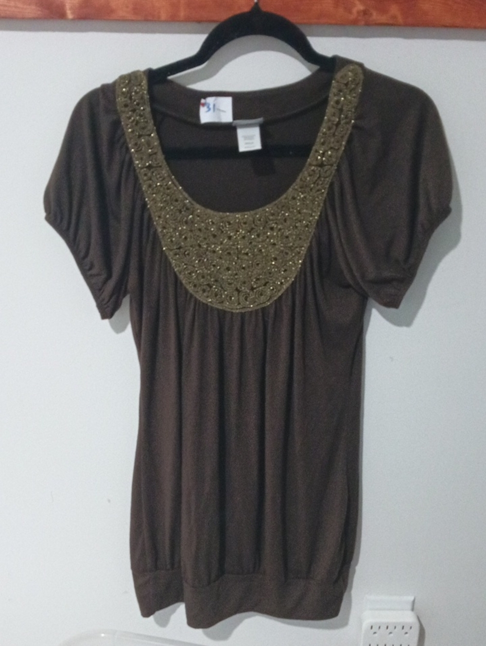 Daytrip Brown Scoop Neck Top with Gold Beaded Yoke
